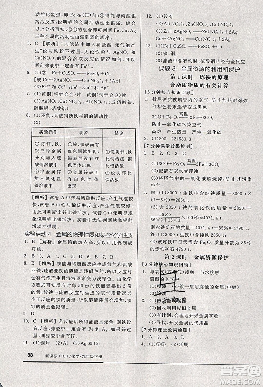 陽光出版社2020年全品基礎(chǔ)小練習(xí)化學(xué)九年級(jí)下冊(cè)人教版參考答案