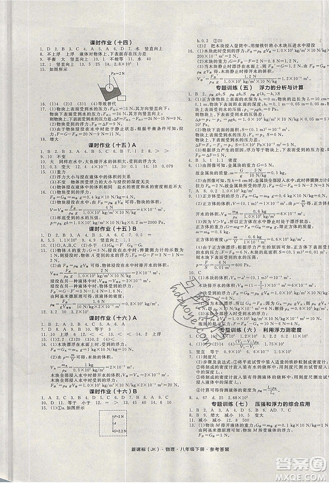 陽光出版社2020年全品學(xué)練考物理八年級下冊新課標(biāo)JK教科版答案