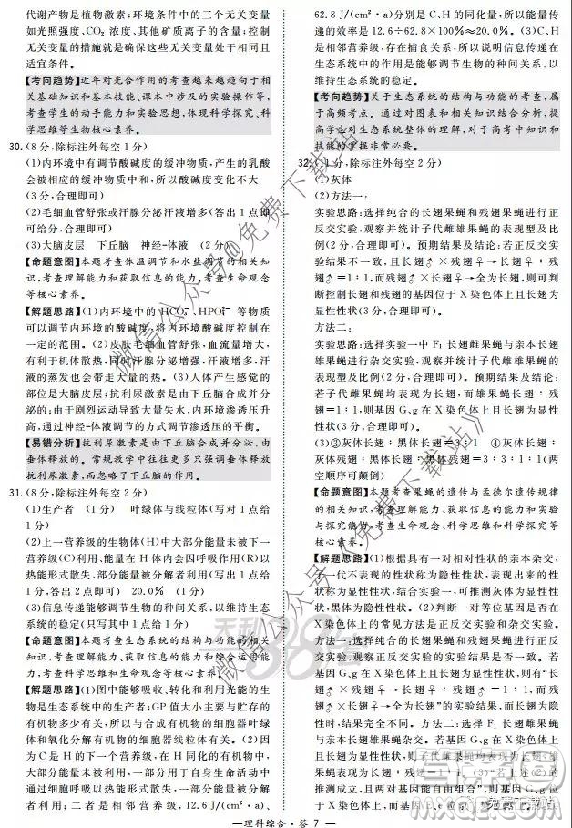 超級全能生2020高考全國卷24省1月聯(lián)考丙卷理科綜合答案