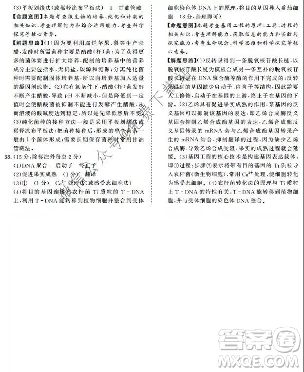 超級全能生2020高考全國卷24省1月聯(lián)考丙卷理科綜合答案