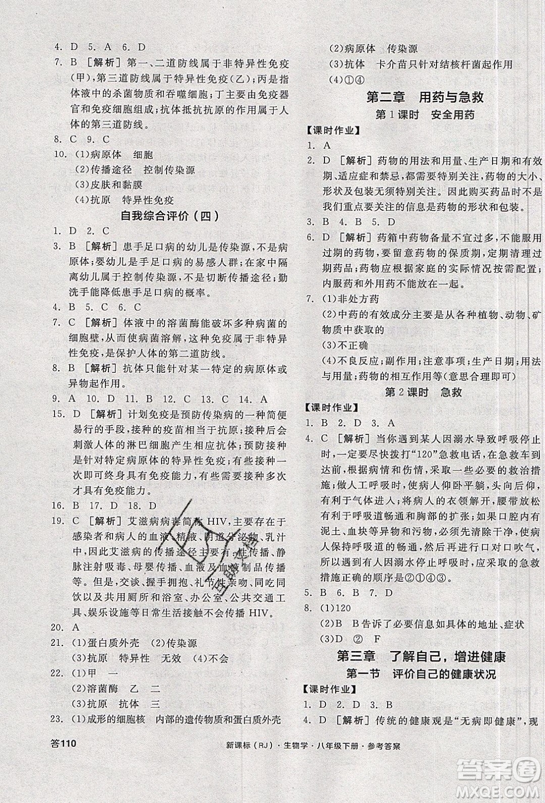 陽光出版社2020年全品學練考生物八年級下冊新課標RJ人教版答案