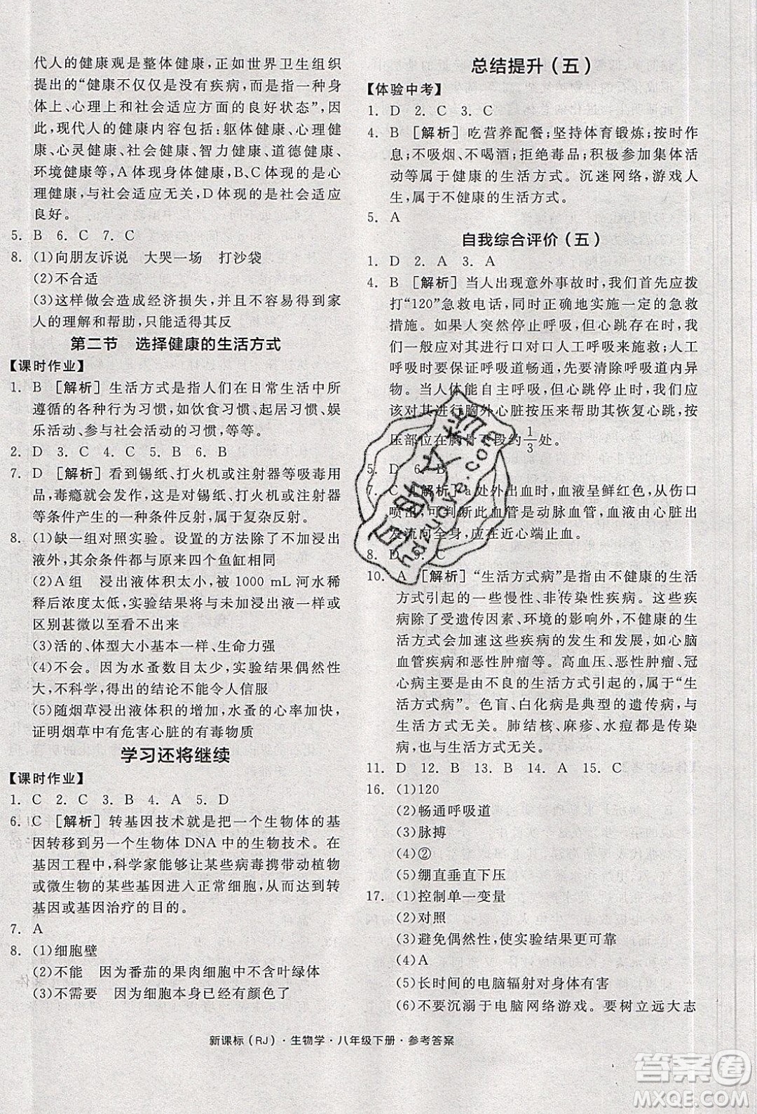 陽光出版社2020年全品學練考生物八年級下冊新課標RJ人教版答案
