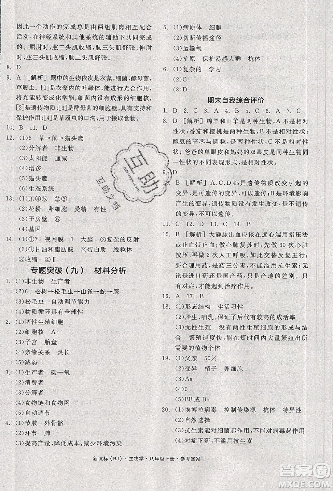 陽光出版社2020年全品學練考生物八年級下冊新課標RJ人教版答案