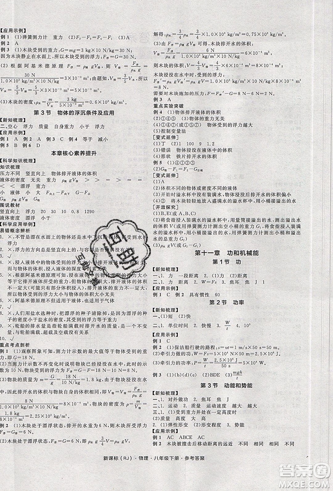 陽光出版社2020年全品學(xué)練考物理八年級下冊新課標(biāo)RJ人教版答案