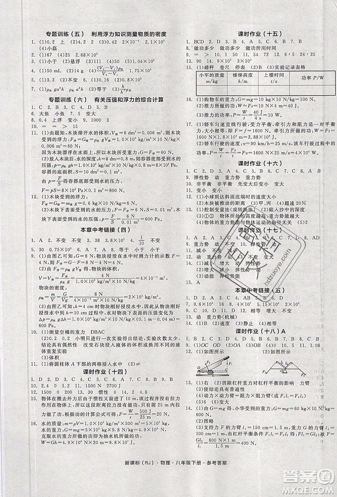 陽光出版社2020年全品學(xué)練考物理八年級下冊新課標(biāo)RJ人教版答案