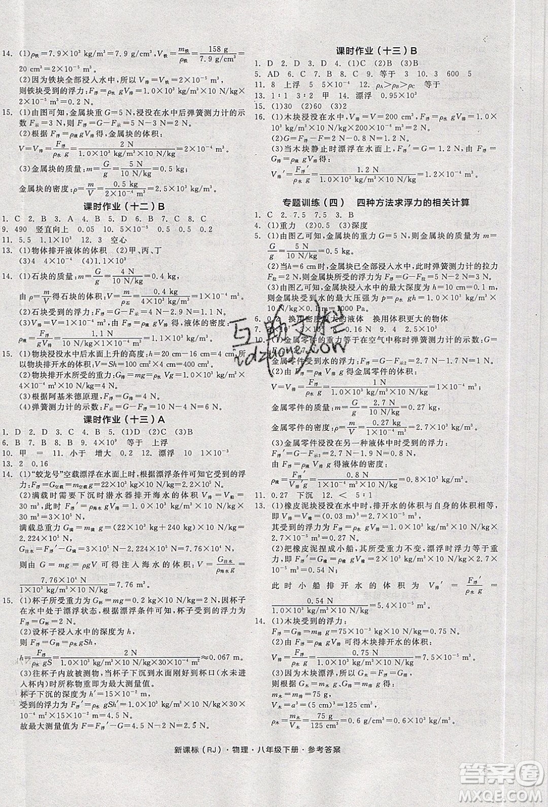 陽光出版社2020年全品學(xué)練考物理八年級下冊新課標(biāo)RJ人教版答案