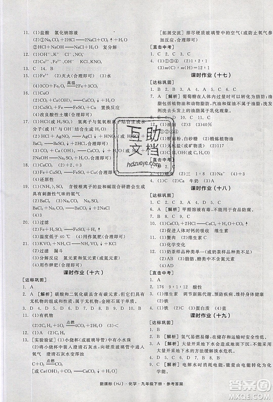 陽光出版社2020年全品學(xué)練考化學(xué)九年級下冊新課標(biāo)HJ滬教版答案