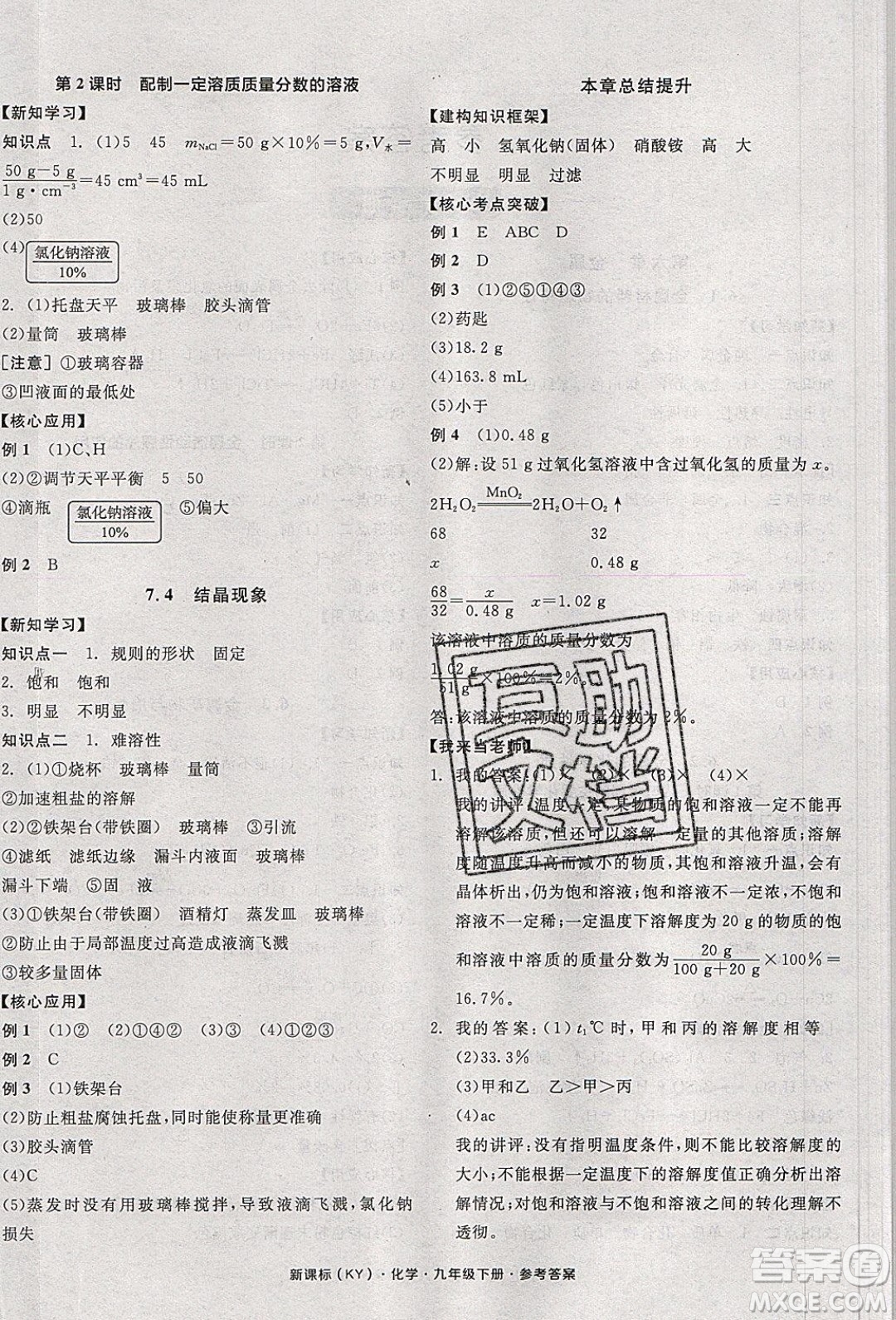 陽光出版社2020年全品學練考化學九年級下冊新課標KY科粵版答案