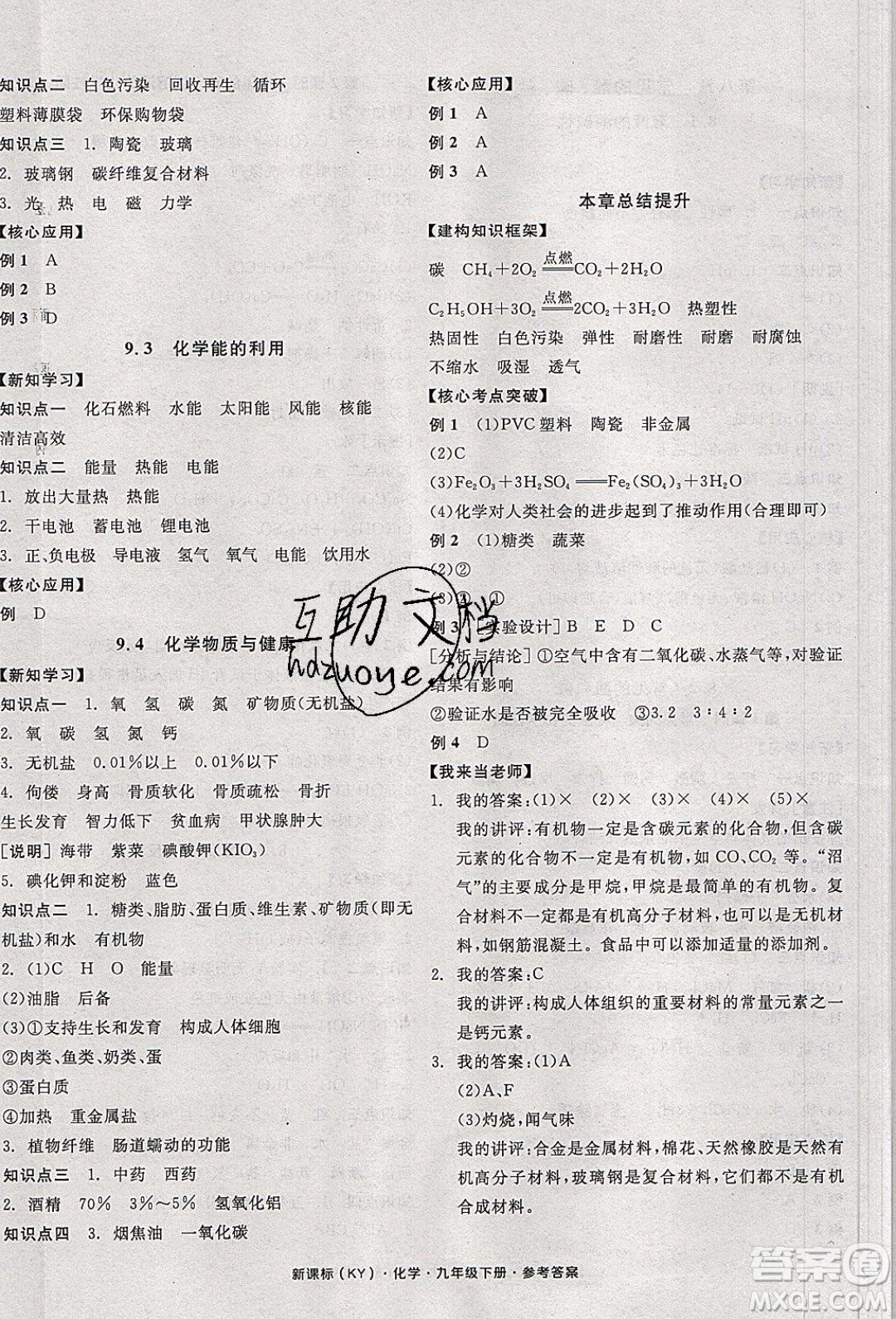 陽光出版社2020年全品學練考化學九年級下冊新課標KY科粵版答案