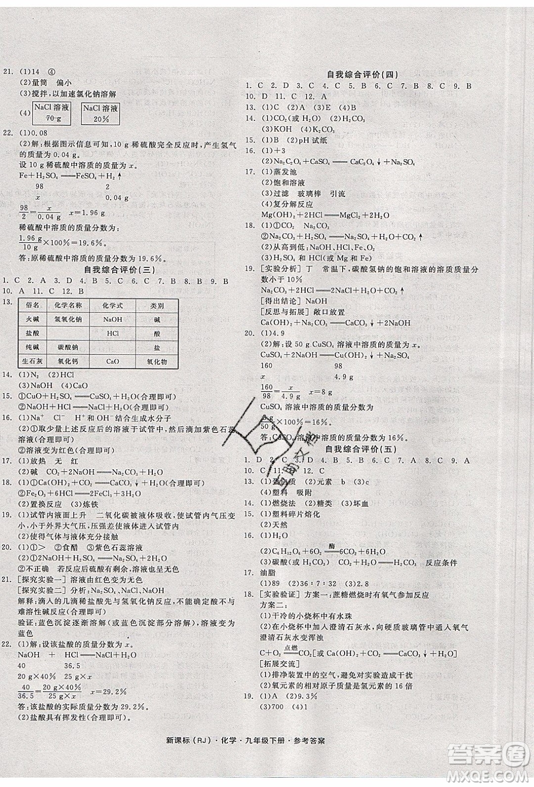 陽光出版社2020年全品學練考化學九年級下冊新課標RJ人教版答案