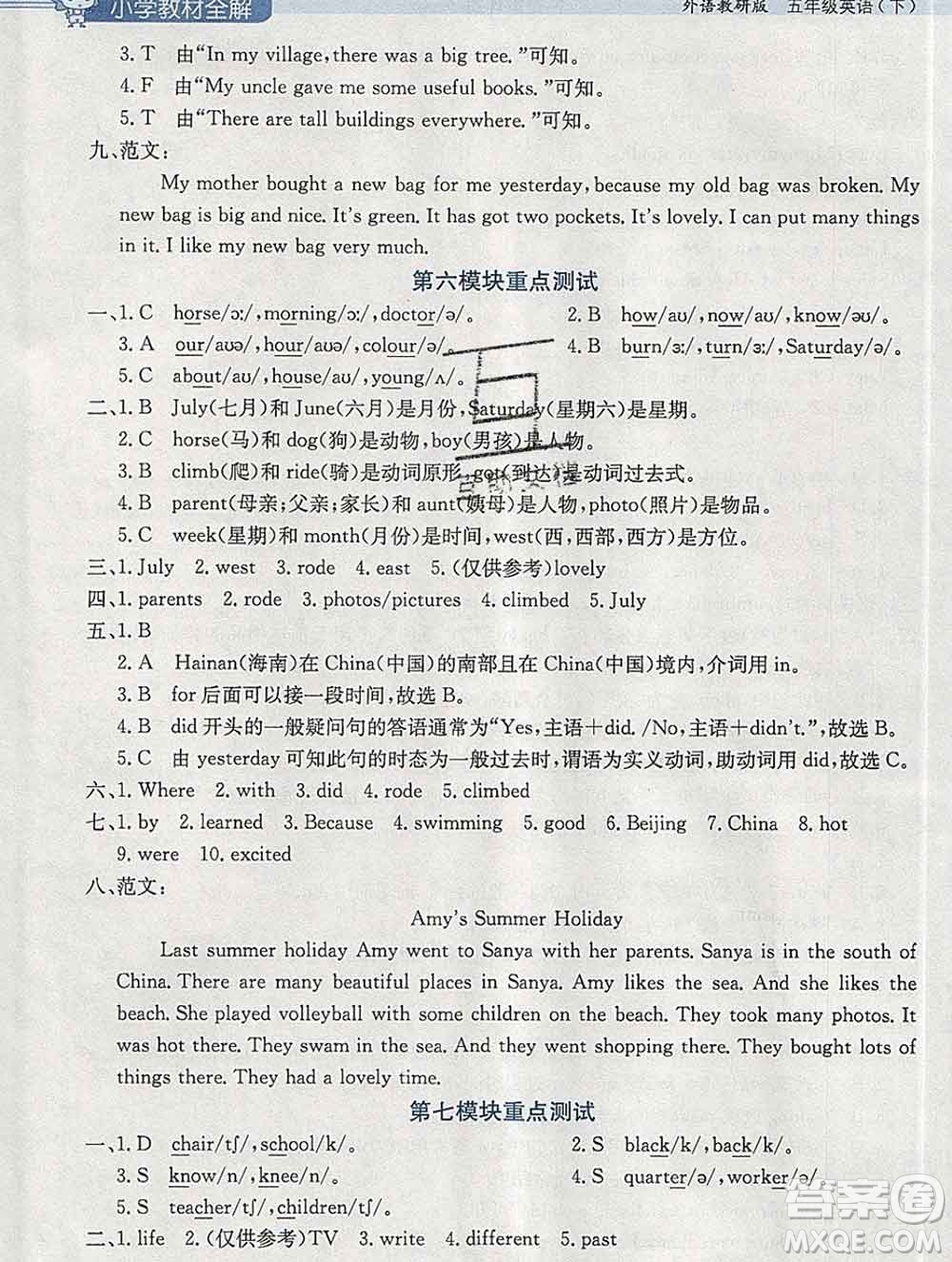 陜西人民教育出版社2020春小學(xué)教材全解五年級(jí)英語(yǔ)下冊(cè)外研版三起答案