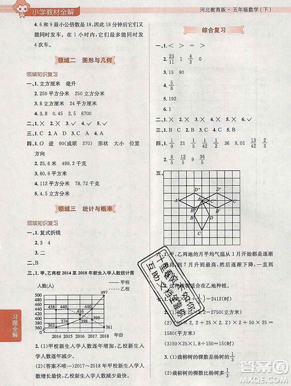 陜西人民教育出版社2020春小學(xué)教材全解五年級數(shù)學(xué)下冊冀教版答案
