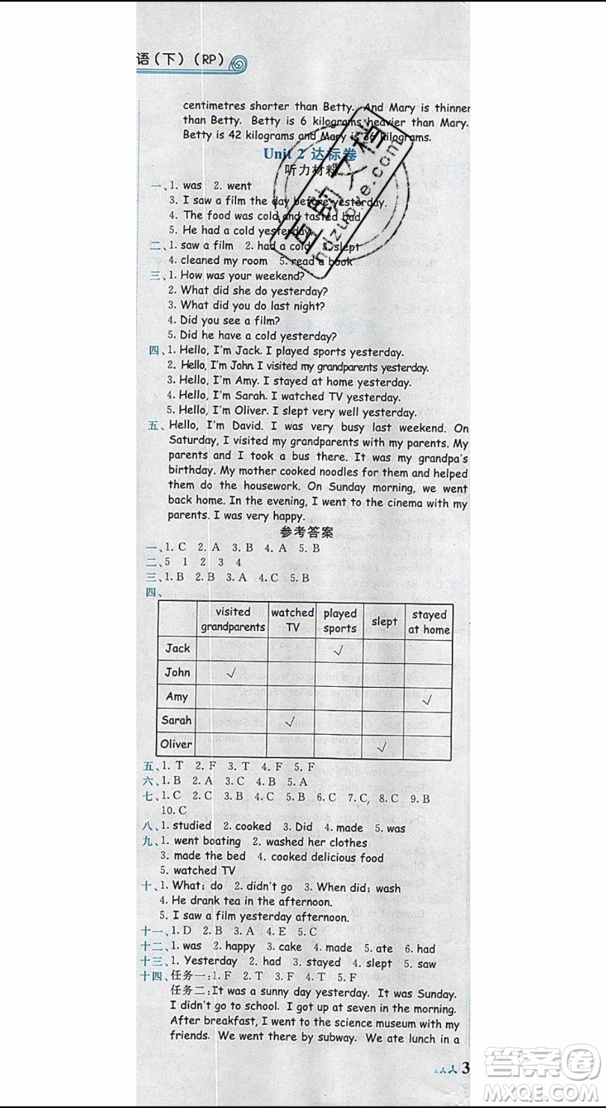 2020春黃岡小狀元達(dá)標(biāo)卷六年級下冊英語人教版R參考答案