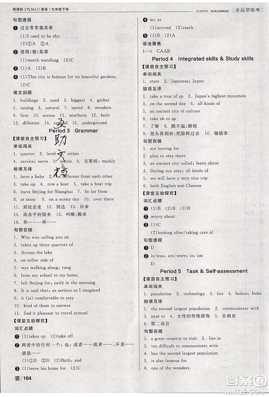 陽光出版社2020年全品學(xué)練考英語九年級下冊新課標(biāo)YLNJ譯林牛津版答案