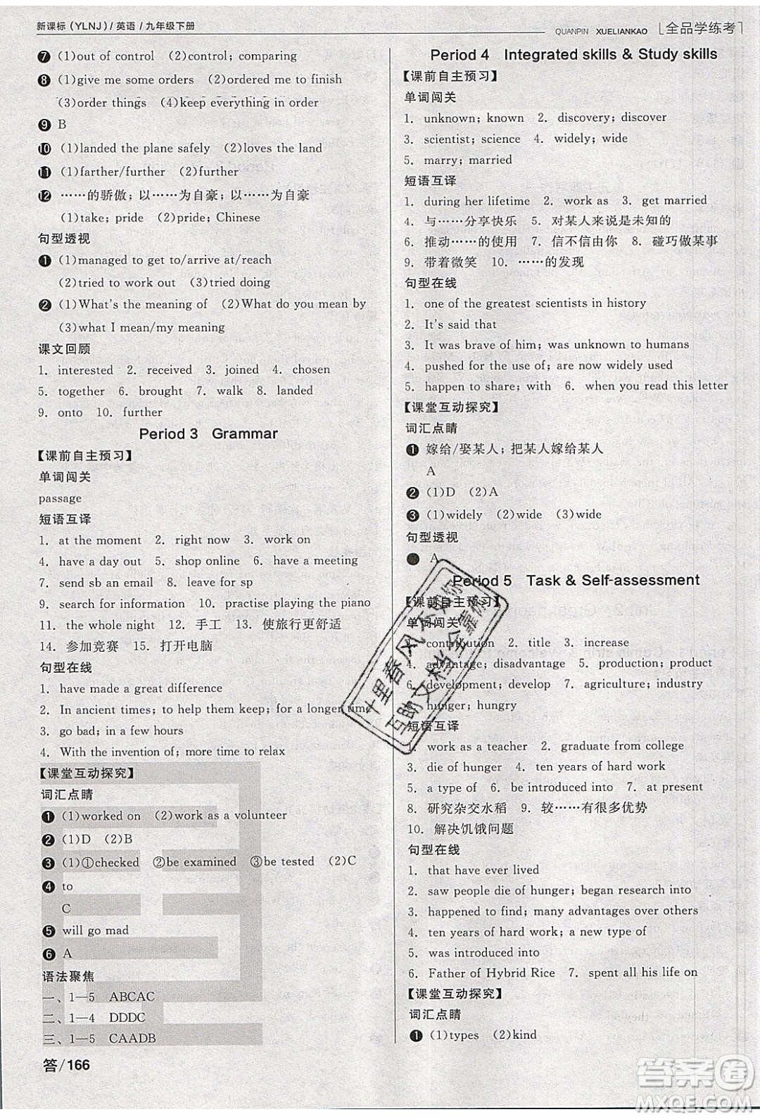陽光出版社2020年全品學(xué)練考英語九年級下冊新課標(biāo)YLNJ譯林牛津版答案