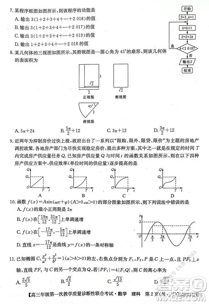 2020年1月廣西高三年級(jí)第一次教學(xué)質(zhì)量診斷性聯(lián)合考試?yán)砜茢?shù)學(xué)試題及答案