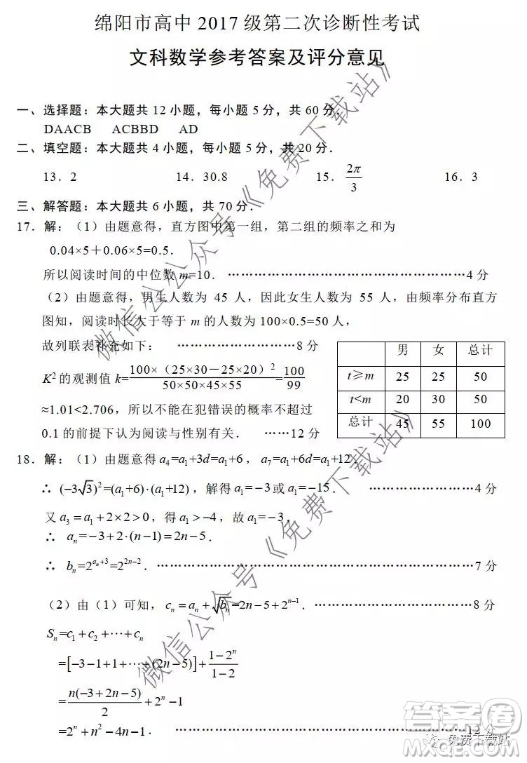 綿陽市高中2017級(jí)第二次診斷性考試文科數(shù)學(xué)試題及答案