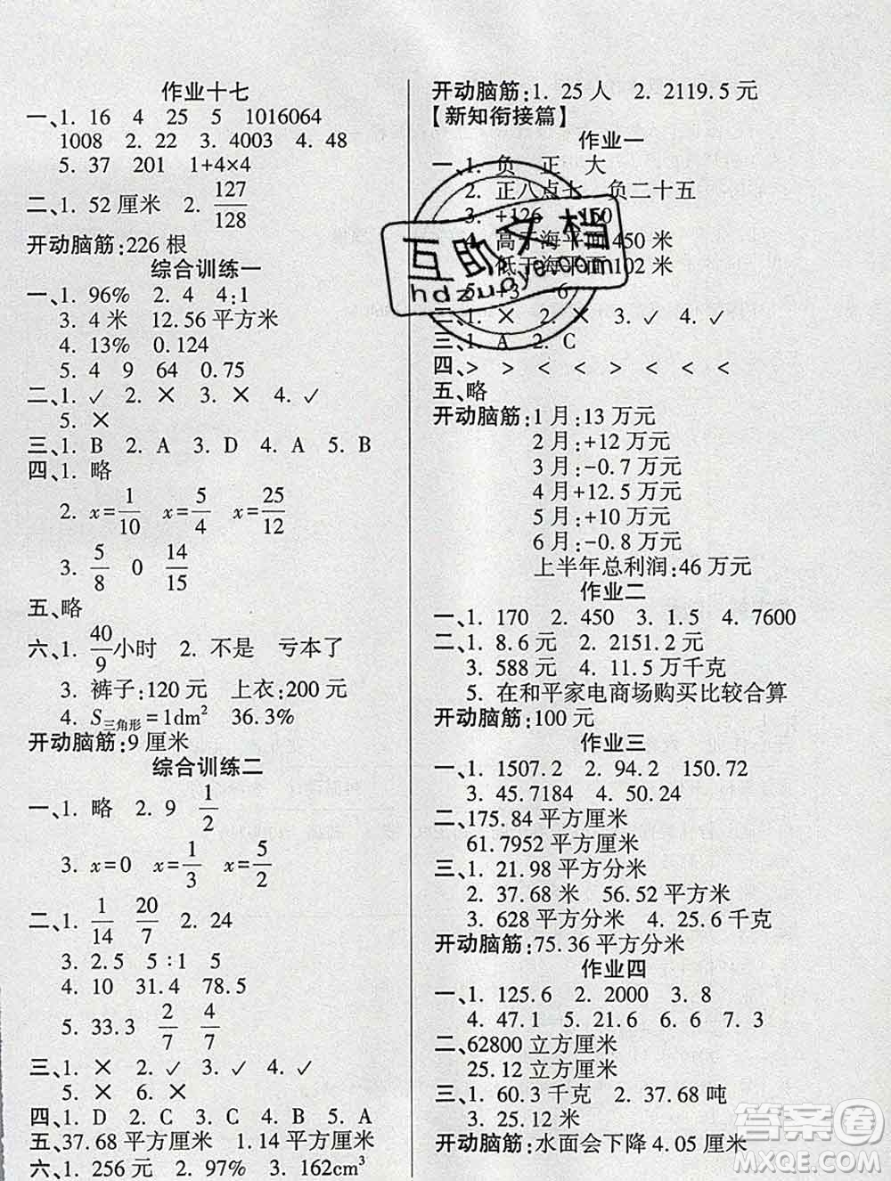 2020年金峰教育開心作業(yè)寒假作業(yè)六年級(jí)數(shù)學(xué)人教版答案