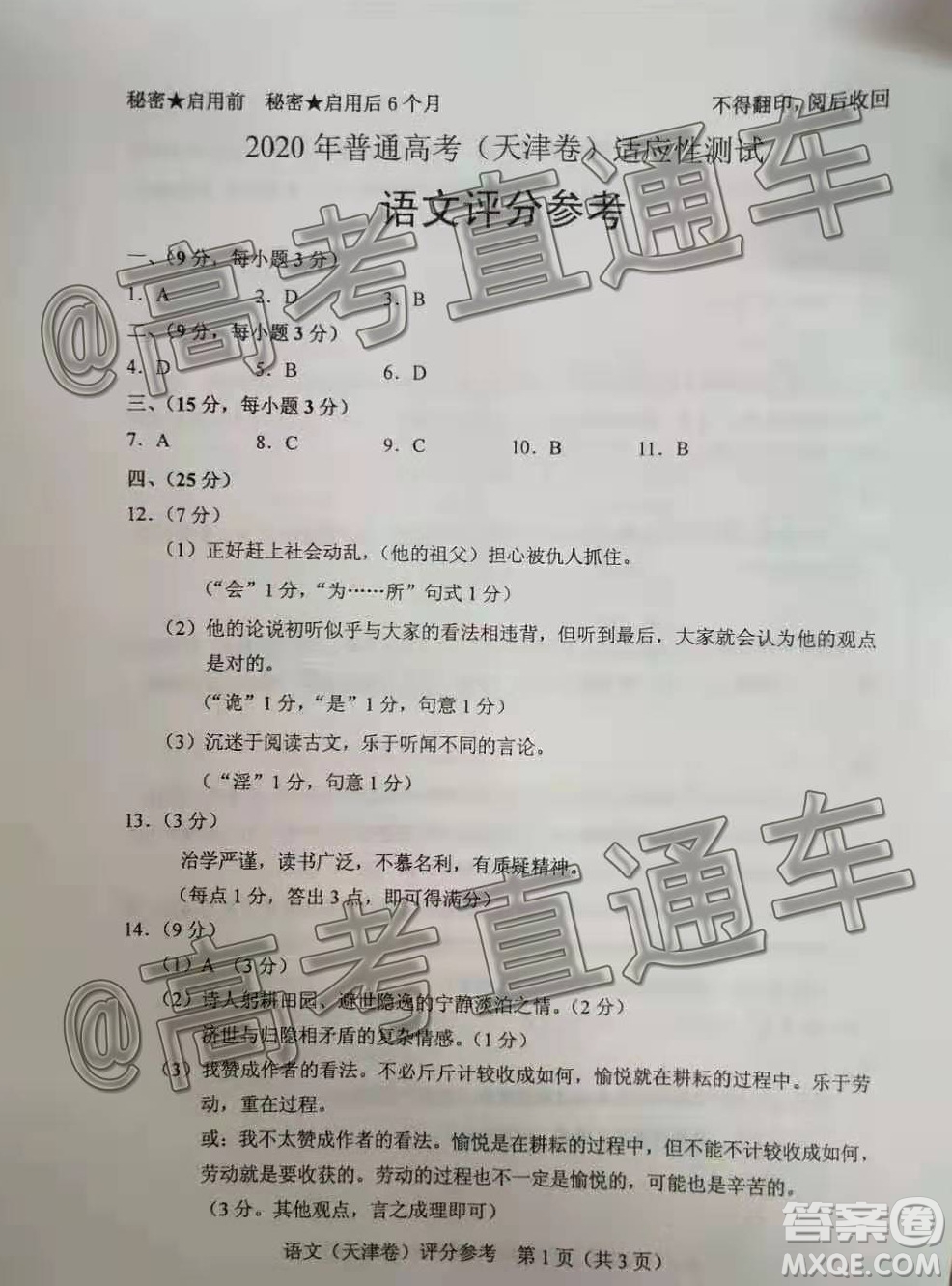 2020年普通高考天津卷適應(yīng)性測試語文試題及答案