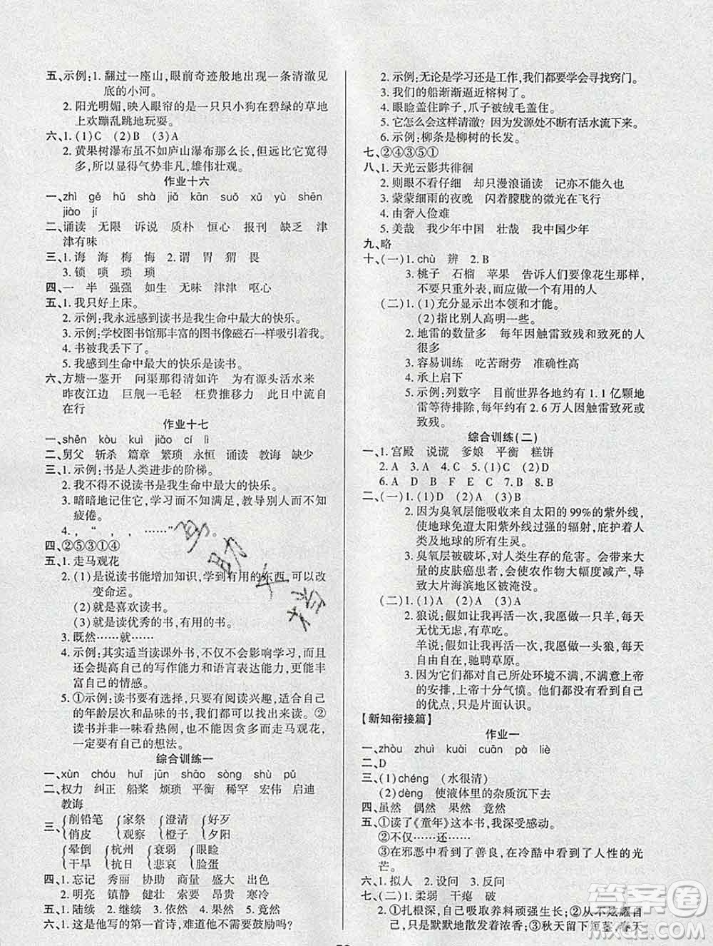2020年金峰教育開心作業(yè)寒假作業(yè)五年級語文人教版答案