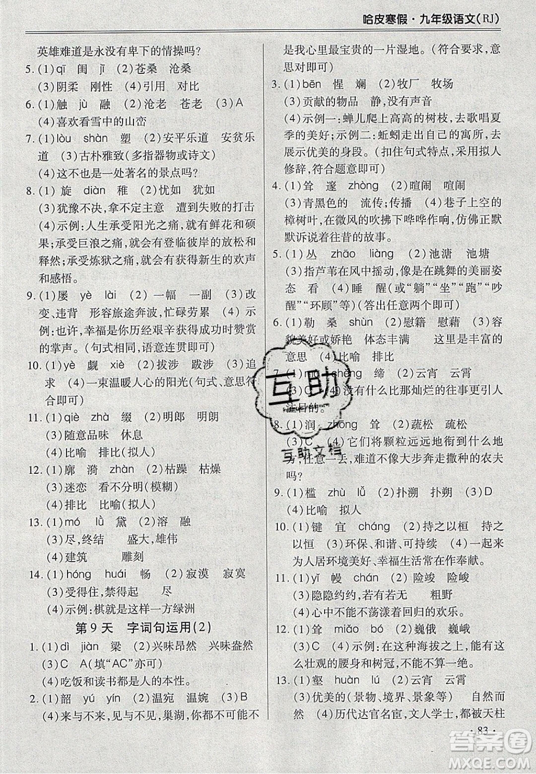 合肥工業(yè)大學(xué)出版社2020哈皮寒假九年級語文人教版答案