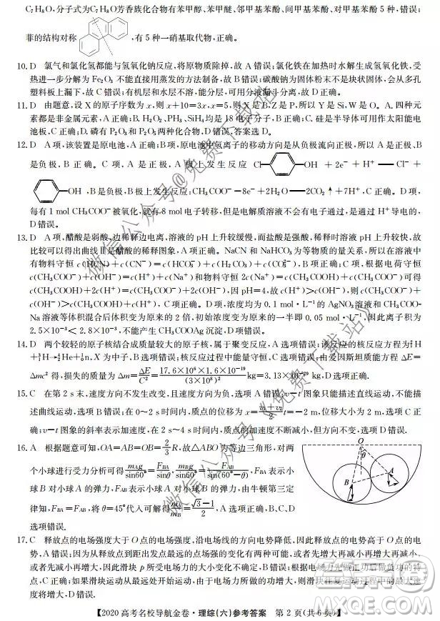 2020屆高考名校導(dǎo)航金卷六理科綜合考試答案