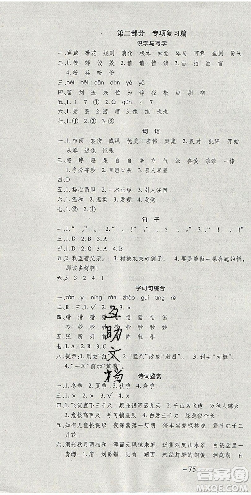 2020年智趣寒假溫故知新三年級(jí)語(yǔ)文人教版答案