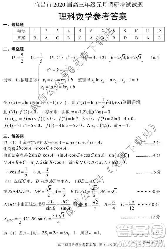 宜昌市2020屆高三年級元月調(diào)研考試?yán)砜茢?shù)學(xué)試題及答案