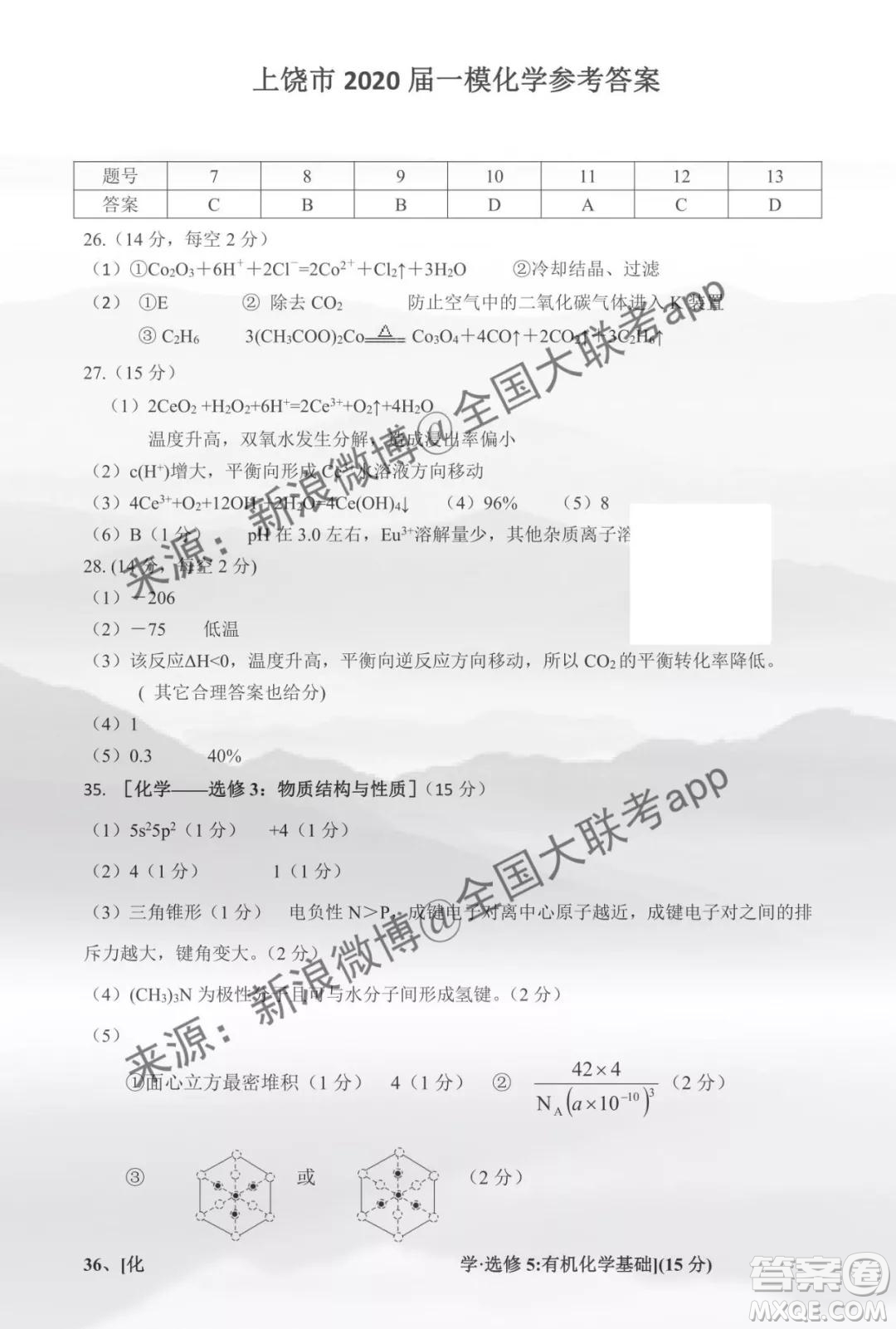 上饒市2020屆第一次模擬考試?yán)砜凭C合答案