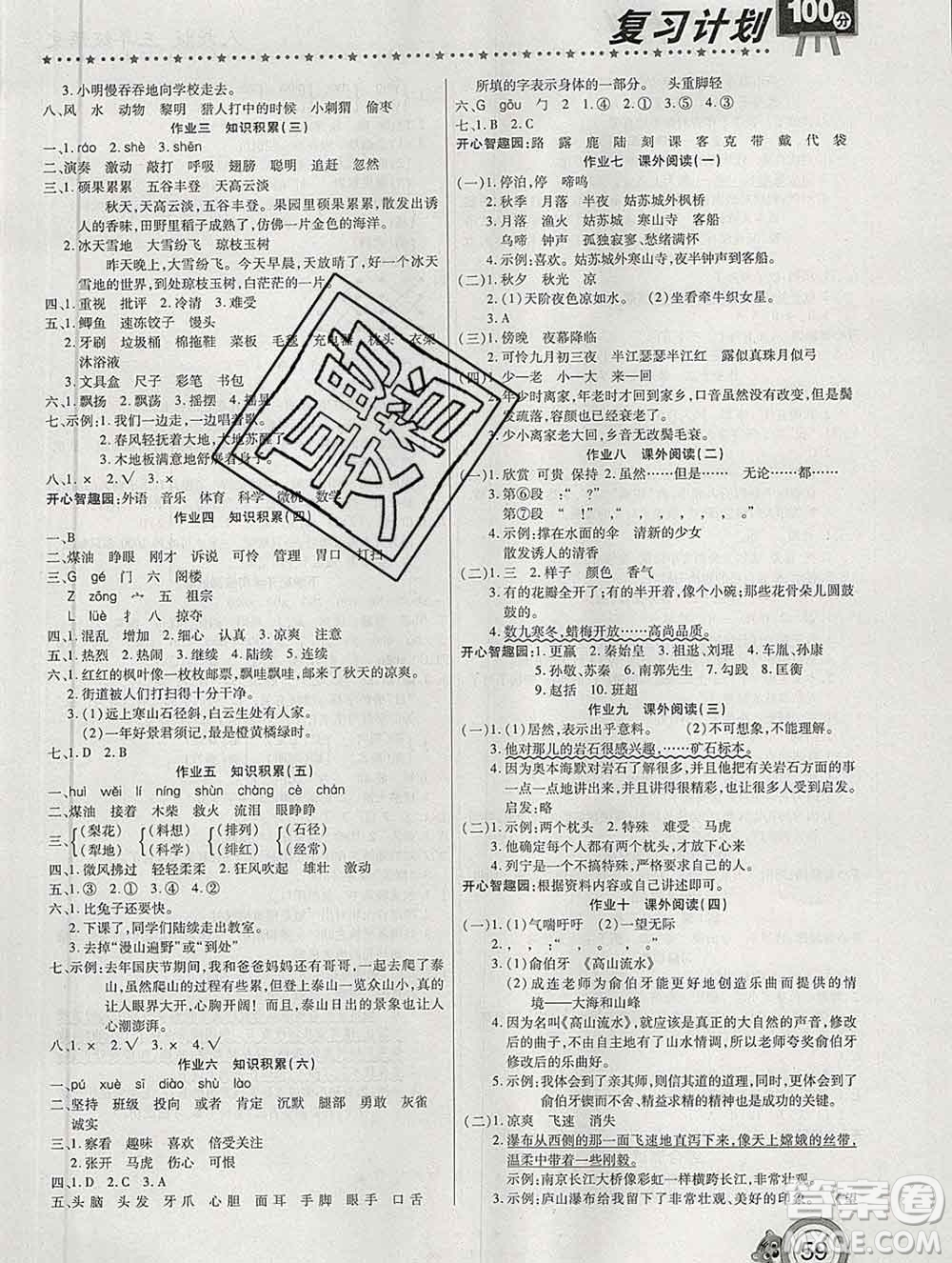 2020年豫新銳圖書復(fù)習(xí)計(jì)劃100分寒假三年級(jí)語文人教版答案