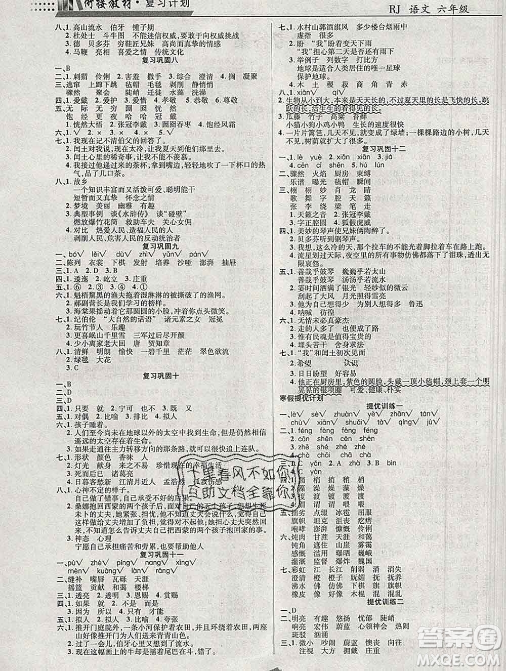 2020年特優(yōu)復(fù)習(xí)計(jì)劃期末沖刺寒假作業(yè)教材銜接六年級語文人教版答案