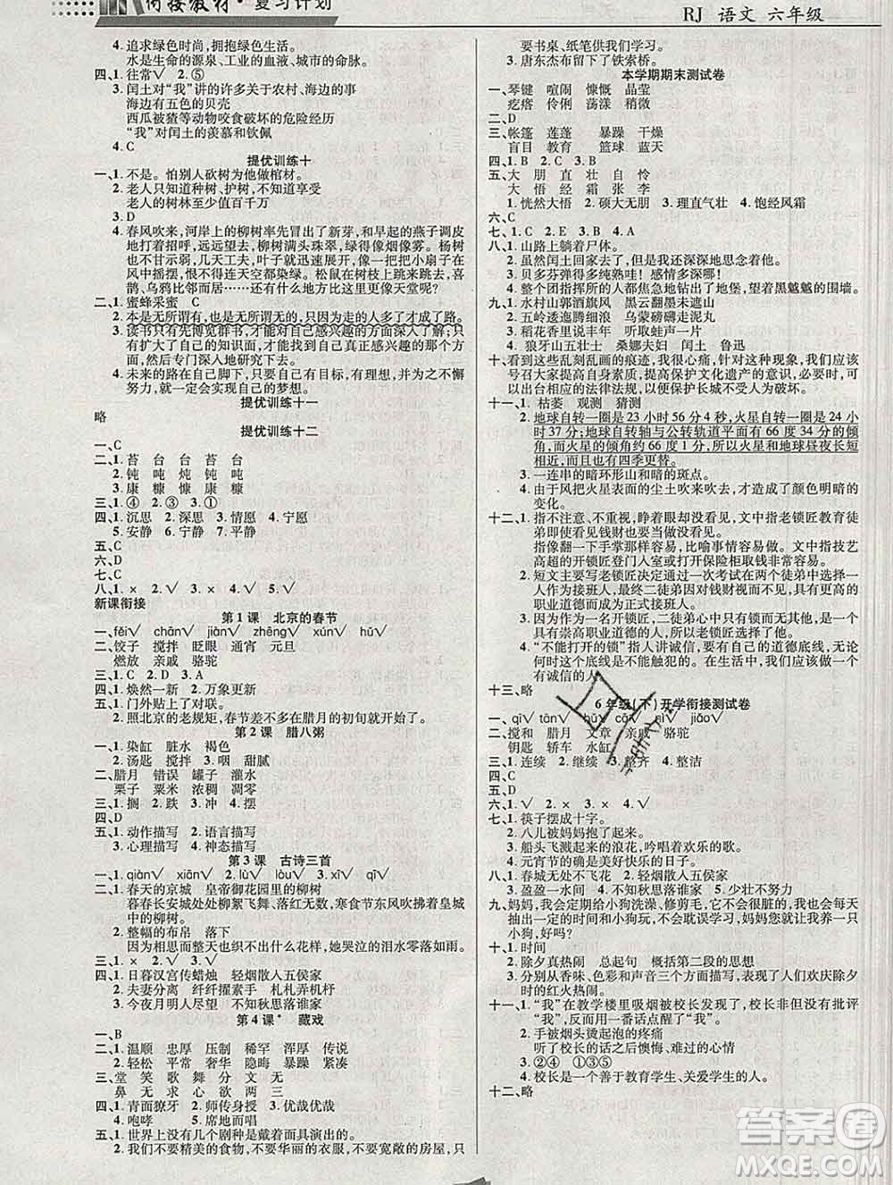 2020年特優(yōu)復(fù)習(xí)計(jì)劃期末沖刺寒假作業(yè)教材銜接六年級語文人教版答案