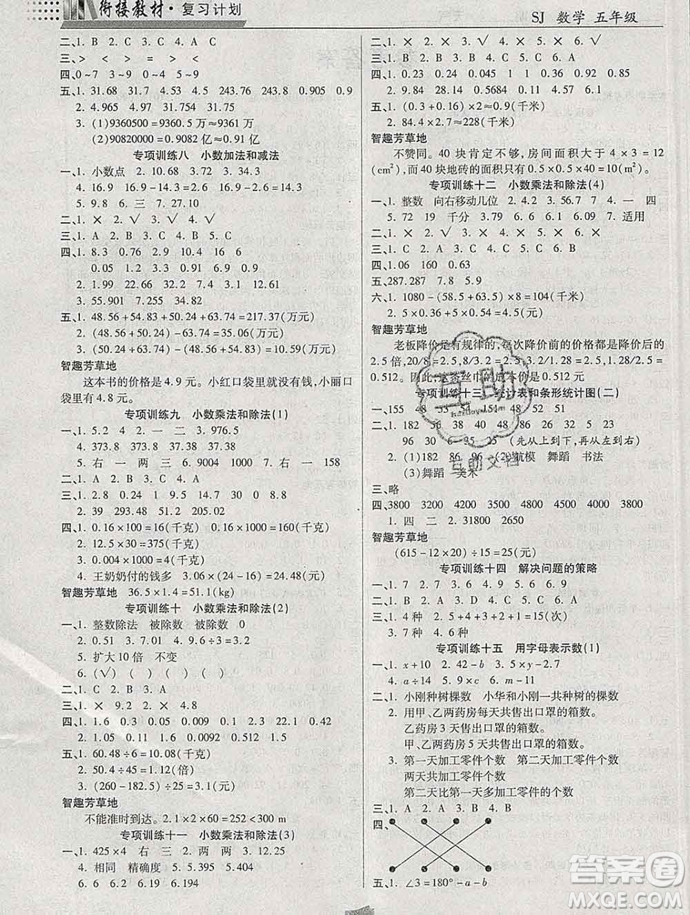 2020年特優(yōu)復(fù)習(xí)計劃期末沖刺寒假作業(yè)教材銜接五年級數(shù)學(xué)蘇教版答案
