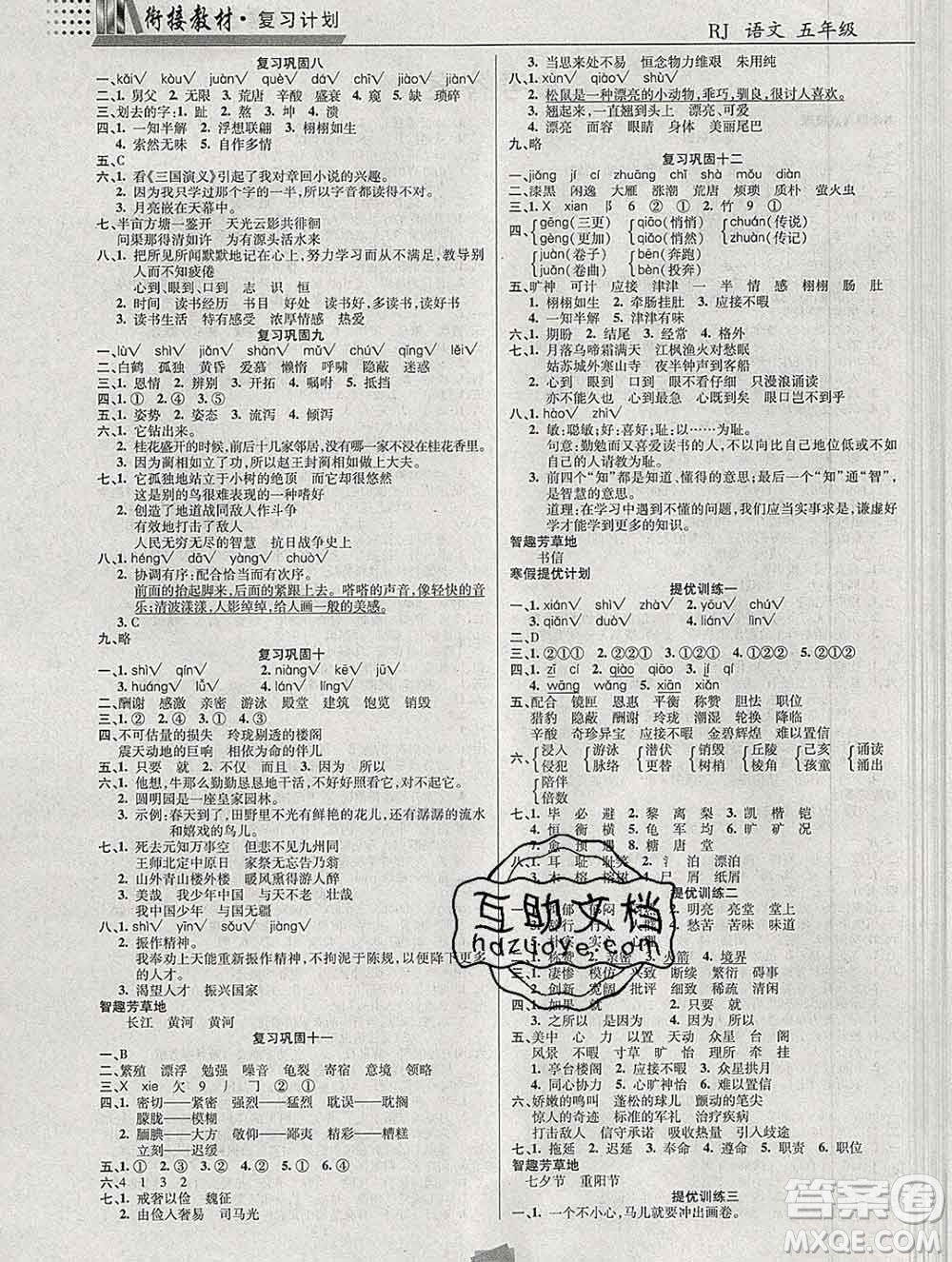 2020年特優(yōu)復習計劃期末沖刺寒假作業(yè)教材銜接五年級語文人教版答案