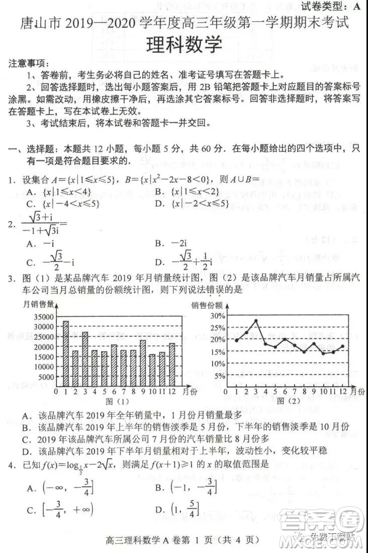 唐山市2019-2020學(xué)年度第一學(xué)期高三年級(jí)期末考試?yán)砜茢?shù)學(xué)試題及答案