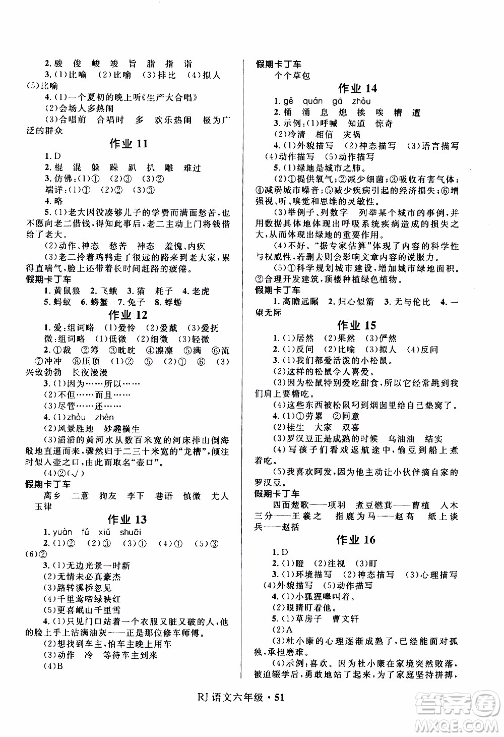 贏在起跑線2020年小學(xué)生快樂寒假語文六年級RJ人教版參考答案