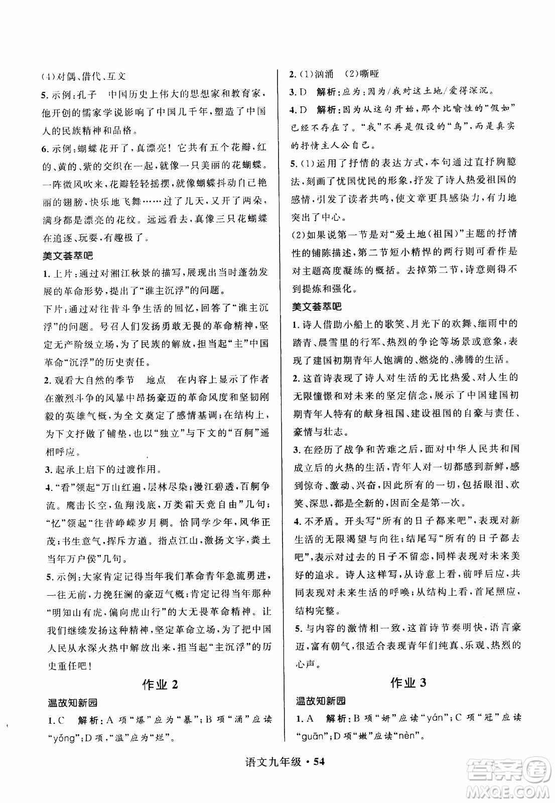 贏在起跑線2020年中學(xué)生快樂寒假語文9年級RJ人教版參考答案