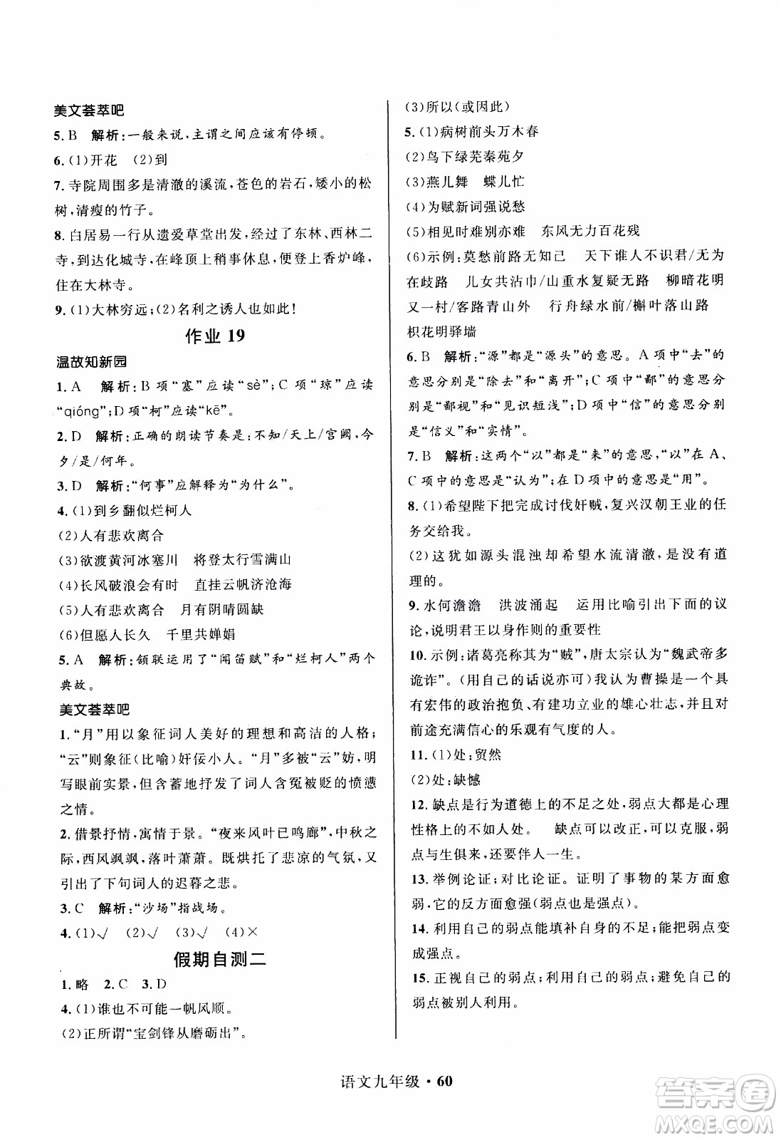 贏在起跑線2020年中學(xué)生快樂寒假語文9年級RJ人教版參考答案