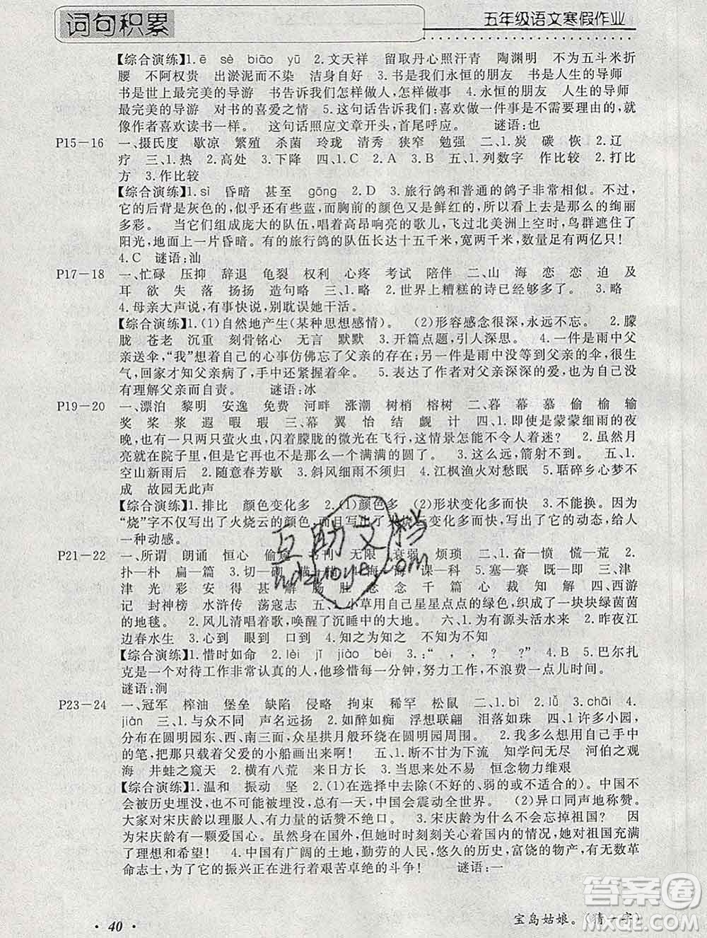2020年一路奪冠HappyHoliday快樂(lè)假期五年級(jí)語(yǔ)文人教版答案