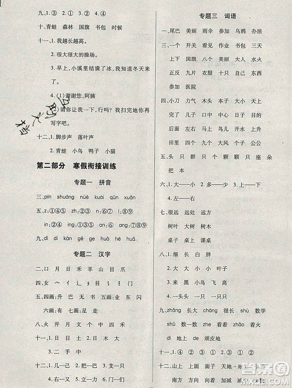 2020年快樂假期銜接優(yōu)化訓練寒假一年級語文人教版答案
