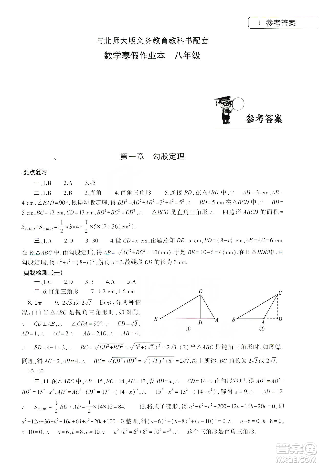 大象出版社2020數學寒假作業(yè)本八年級北師大版答案