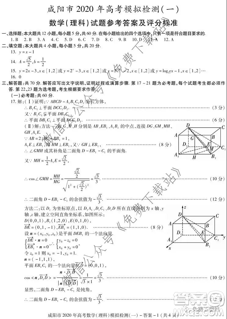 咸陽(yáng)市2020年高考模擬檢測(cè)一理科數(shù)學(xué)答案