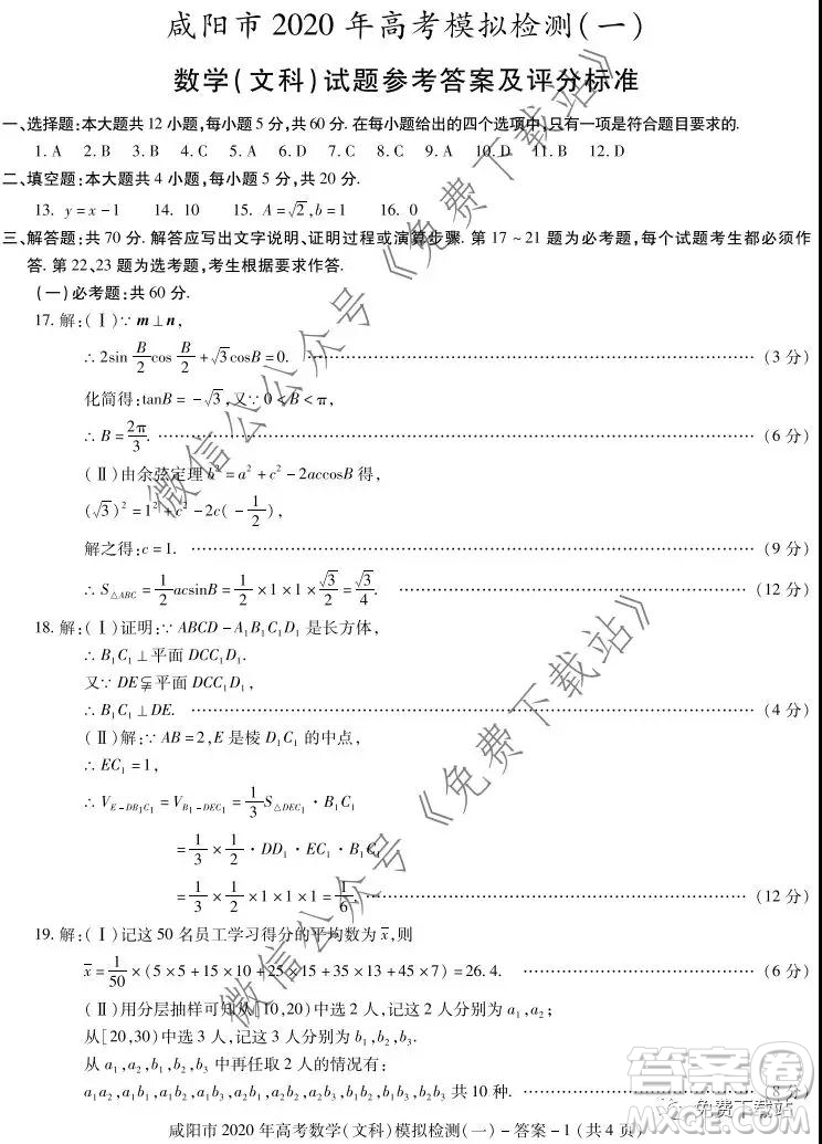 咸陽(yáng)市2020年高考模擬檢測(cè)一文科數(shù)學(xué)試題及答案