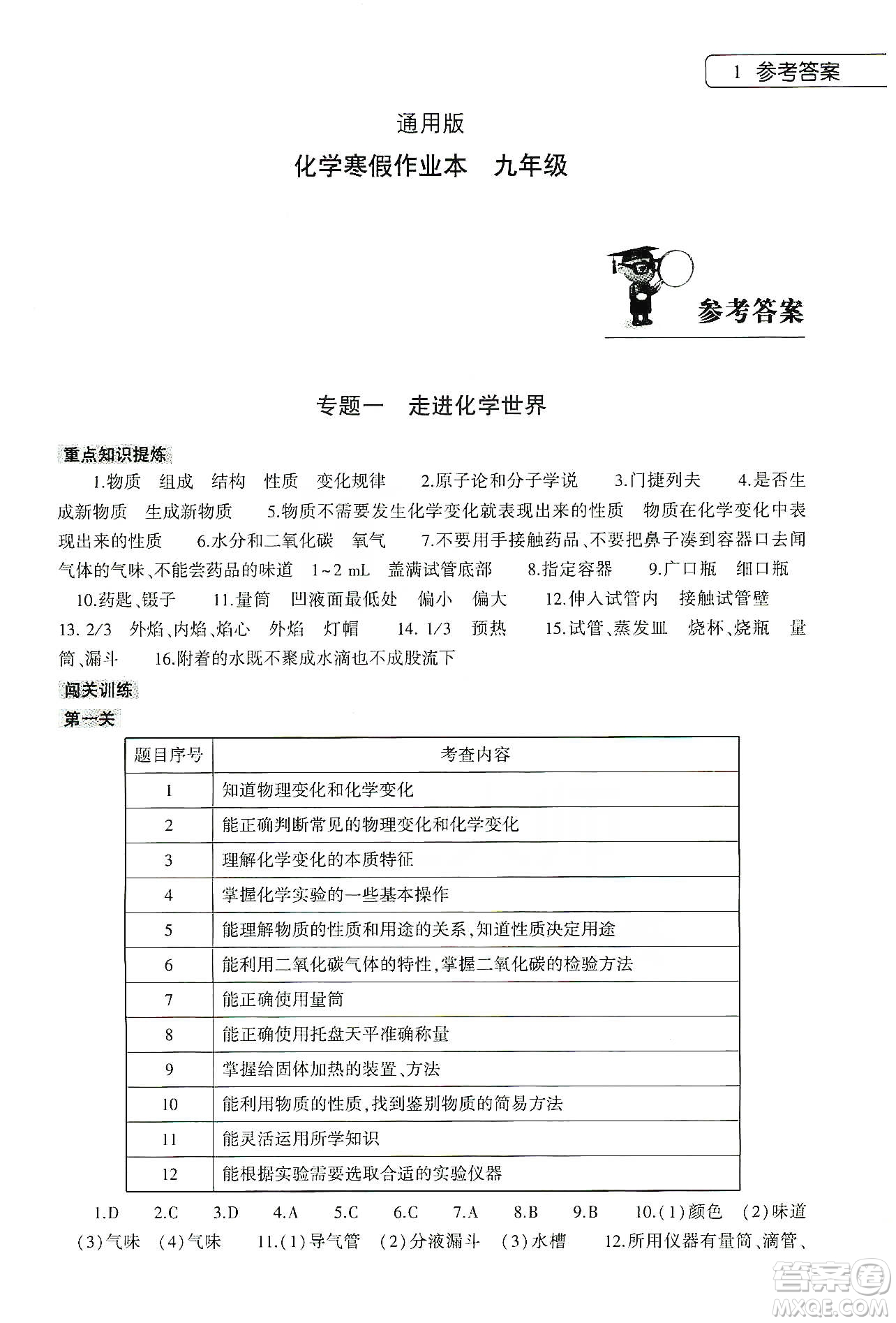 大象出版社2020化學(xué)寒假作業(yè)本九年級(jí)通用版答案
