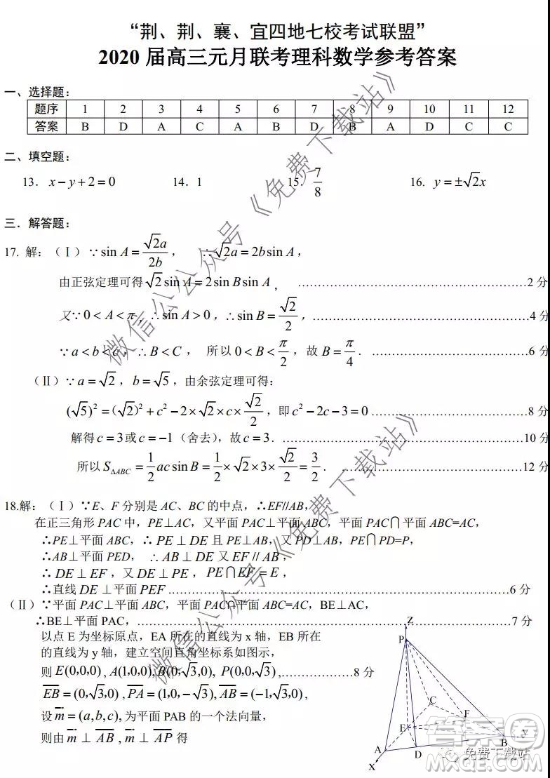 荊荊襄宜四地七?？荚嚶?lián)盟2020屆高三元月聯(lián)考理科數(shù)學(xué)試題及答案