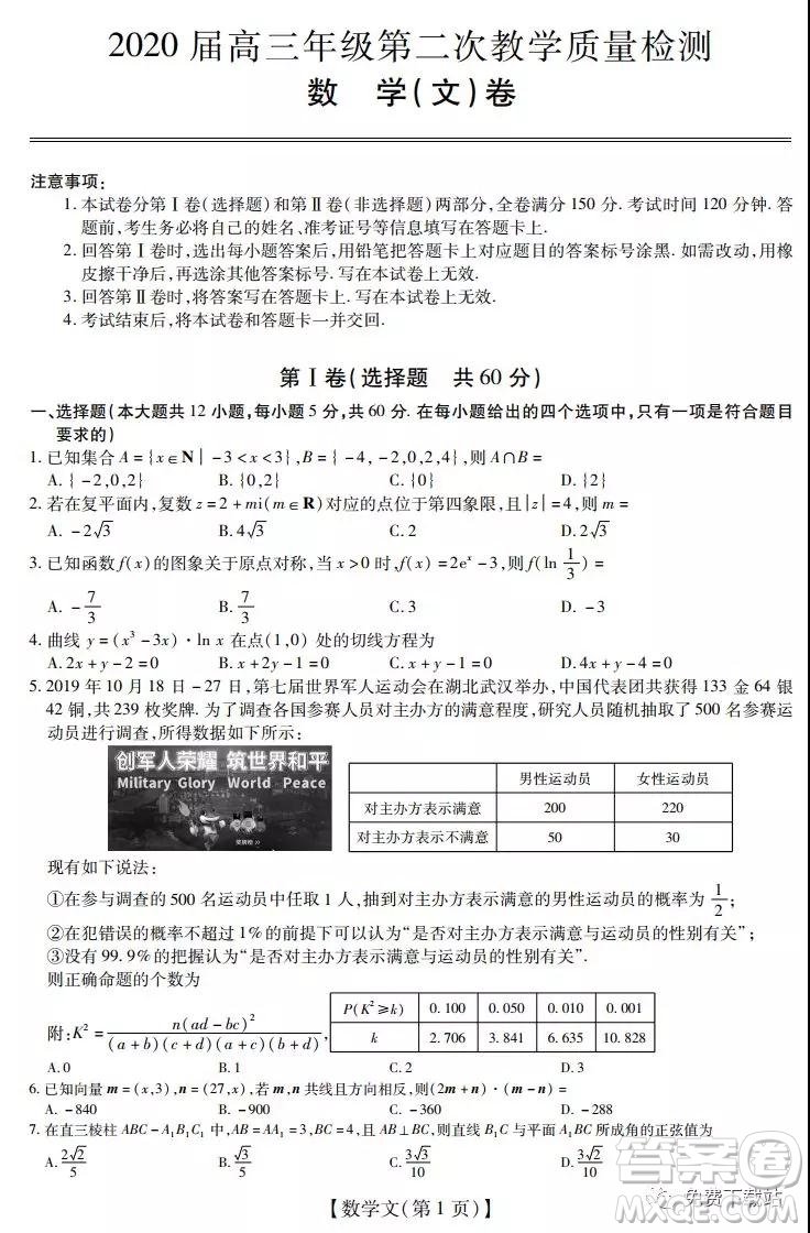 深圳2020屆高三年級第二次教學質(zhì)量檢測文科數(shù)學試題及答案