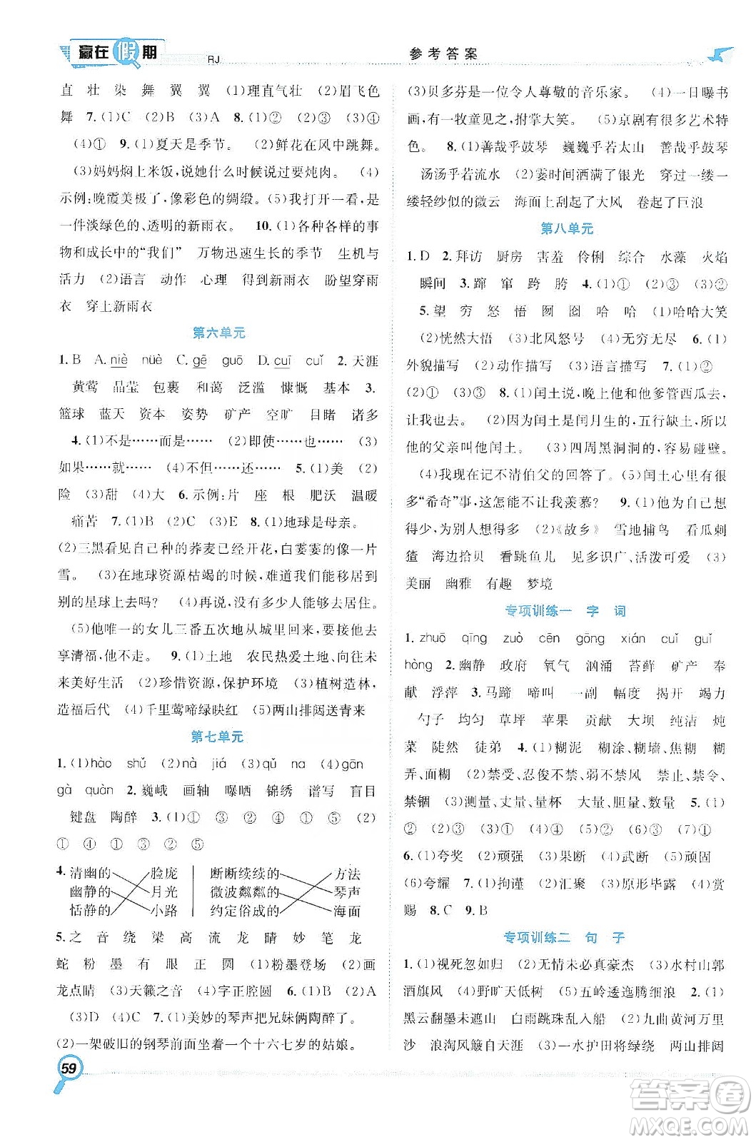 合肥工業(yè)大學出版社2020宏龍寒假學期總復習贏在假期六年級語文人教版答案