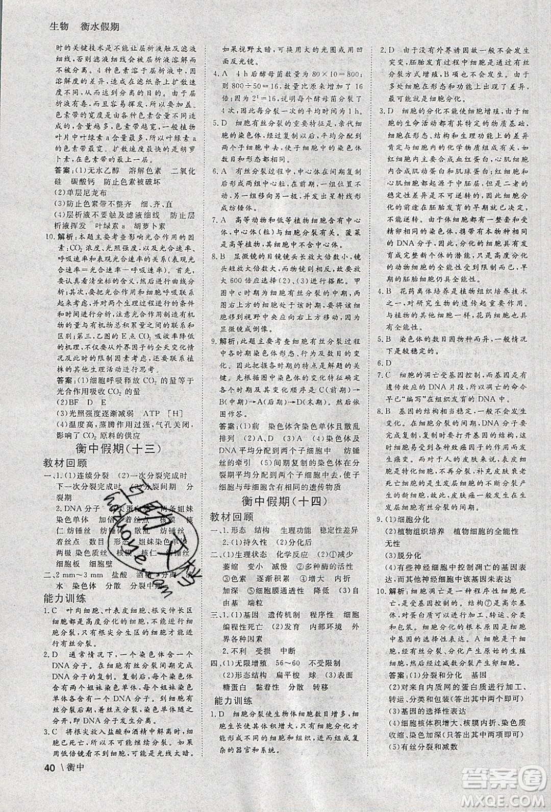 光明日報出版社2020年衡水假期寒假作業(yè)高一生物參考答案