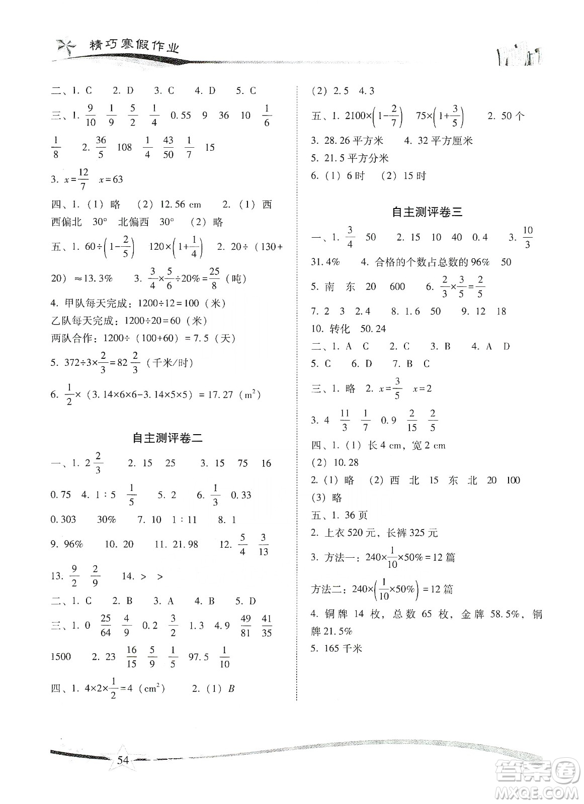 云南美術(shù)出版社2020精巧寒假作業(yè)專題訓(xùn)練與期末總復(fù)習(xí)六年級數(shù)學(xué)人教版答案