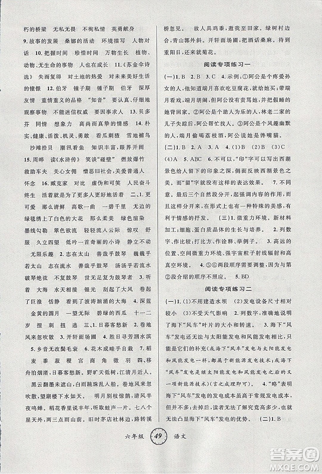 愛博教育2020年第三學(xué)期寒假銜六年級(jí)語文R人教版參考答案